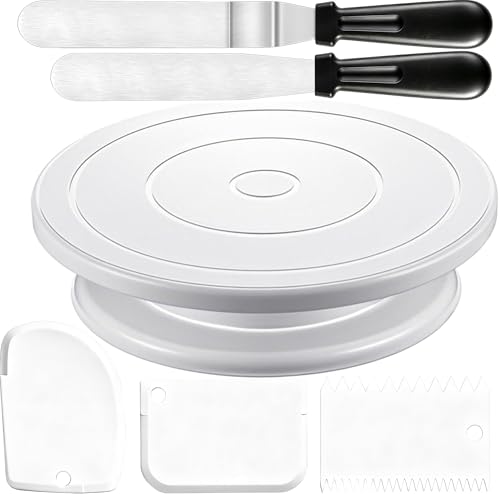 Cake Decorating Kit Baking Supplies Cake Turntable with 2 Frosting Straight Angled Spatula 3 Icing Smoother Scrapers Baking Accessories Tools for Beginners and Pros, White