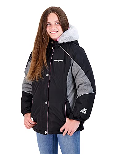 ZeroXposur Girls Puffer Jacket Fleece lined Winter Coat with Lined Hood and Removable Faux Fur Trim (Small, Black Roses)