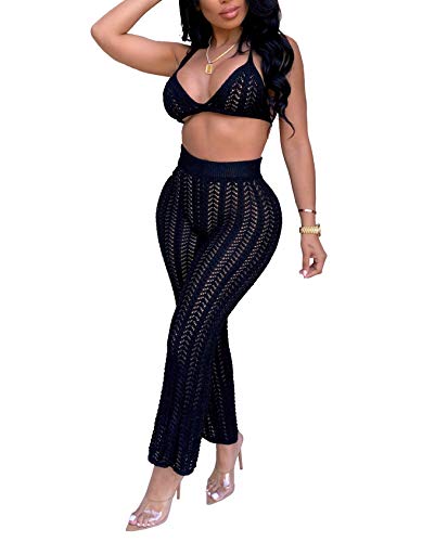 Salimdy Women Sexy Mesh See Through Crochet Bandeau Tops And Legging Pants 2 Piece Bikini Swimsuit Cover-Ups Beach Outfits Black Xl #TOP3