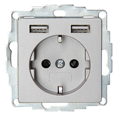 Kopp Athenis 296247185 Flush-Mounted Protective Contact Socket with 2 USB Charging Sockets, Steel-Coloured