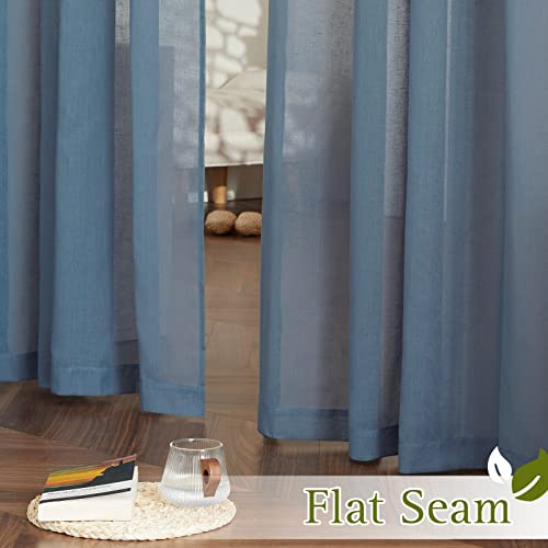 NICETOWN Flax Linen Sheer Curtains for Living Room, (Stone Blue) Grommet Vertical Drapes Semi Sheer Linen Curtains Privacy with Light Filtering for Villa/Farmhouse, W52 x L84, 1 Pair
