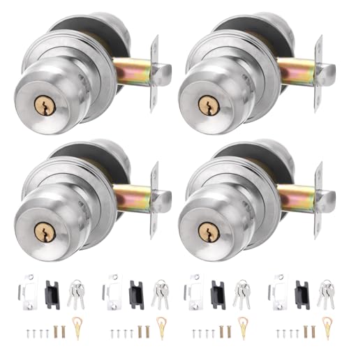 PATIKIL Key Entry Door Knobs Interior 60mm/2.4inch, 4 Pack Round Stainless Steel Bedroom Bathroom Door Knob with Copper Lock Entry Indoor Outdoor Door, Silver