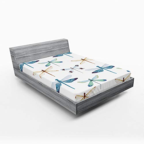 Ambesonne BS_18365_KING Dragonfly Fitted Sheet, Group Of Regularly Dragonfly Pattern Short Lives Composition Of Bugs, Bed Cover cover