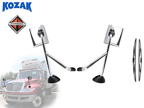 Chrome Towing Hood Mirror Pair for International Durastar semi truck - Chrome Left and Right side Set plus International Logo and 2x 22 inch Windshield Wipers for International Durastar semi truck