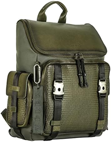 VELEZ Full Grain Leather Backpack for Men - 15 Inch Laptop Bag – Green Canvas Designer Bookbag - Archaeology Vintage Travel Rucksack - Casual Daypack for Women