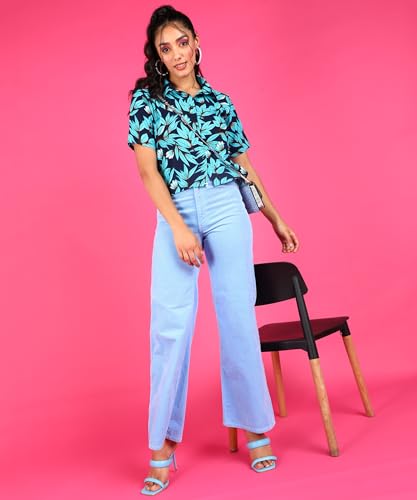 Image of POPWINGS Ethnic Printed Cotton Half Sleeves Regular Fit Crop Shirts for Women Stylish Western Casual Wear