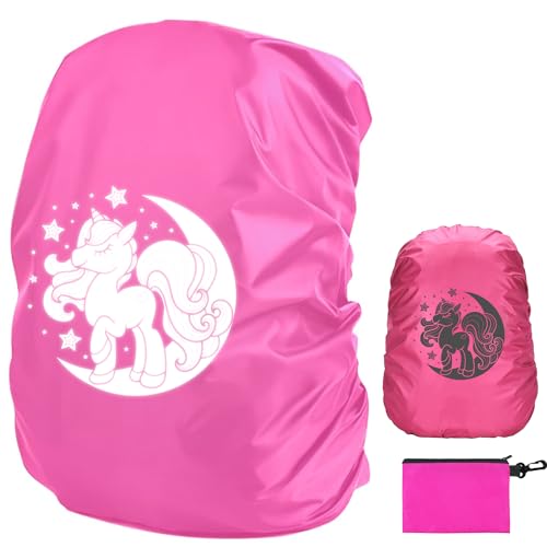 Tixlux Funda Impermeable para Mochila, Funda Reflectante para Mochila, Funda para Mochila Escolar con Bolsa de Almacenamiento para niñas, Senderismo al Aire Libre, Escalada, Rosa, Unicornio