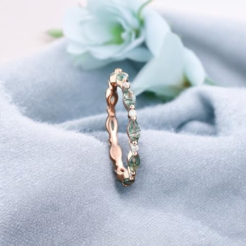 Dainty Marquise cut Moss agate wedding band Unique Rose gold Full eternity wedding ring Moissanite Stacking band Promise Aquatic agate ring4