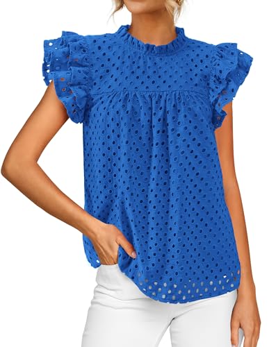 BTFBM Casual Summer Tops for Women 2025 Short Ruffle Sleeves Shirts Crew Neck Hollow Out Lace Embroidered Blouses