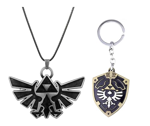 Cosplay Anime Game Hylian Shield Design Necklace Set Rope Triforce Symbol Keychain Pendant Chain Jewelry Gift For Men Kids