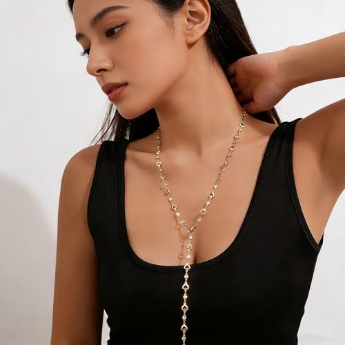 JGVG Long Lariat Necklaces for Women, Colorful Y Shape Stack Rhinestone Jewelry, Summer Boho Necklace, Adjustable V Neck Necklace for Women Elegant (Gold Heart) - image 4