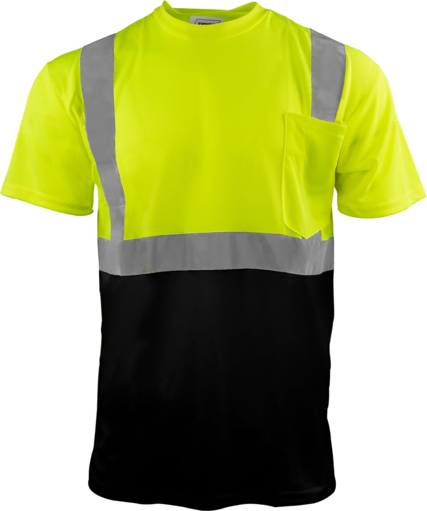 Ironwear 1805-LB-4-XL ANSI Class 2 Polyester Crew Neck SAFETY Shirt with Pocket & 2" Silver Reflective Tape, Lime/Black, X-Large