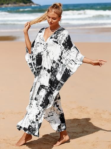 Image of IMAGEKOPE Women's Plus Size Animal Print V-Neck Batwing Kaftan Beach Dress Bathing Suit Cover-Up Loungewear