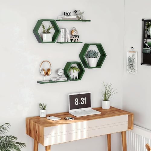 Image of Wooden Floating Wall Mounted Set of 6 Hexagon Shelves Display Shelf for Photos, Plants, Rustic Honeycomb Shelves for Living Room, Bedroom, Bathroom, Kitchen, Office (Green)