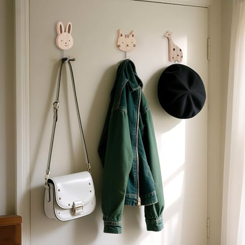 6 Stück Niedliche Tier Kleiderhaken Selbstklebende Holz-Wandhaken (Elefant Katze Löwe mehr)Perfekte Kinder-Garderobe für Schlafzimmer Badezimmer Kinderzimmer (Süße Cartoon-Tier-Deko Kein Bohren nötig)