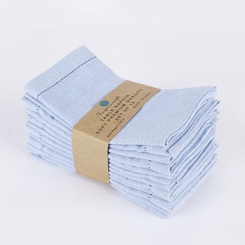 Image of FINGERCRAFT Hemstitched Cotton Table Napkins - Set of 12, 20x20 Inch, 100% Cotton Cloth Napkins with Faggoting Stitching - Durable & Elegant for Parties, Hotels, Everyday Use (Sky Blue Twill)
