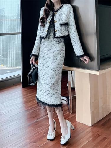 Womens Elegant Office Skirts Tassel Plaid Coats High Waist Hip Long 2 Piece Suit3