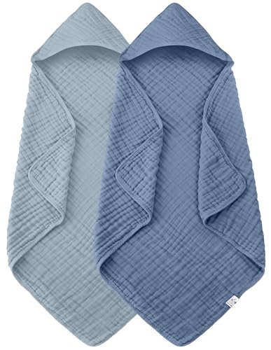 Image of Spotted Play 2 Pack Hooded Baby Towels - 100% Muslin Cotton for Newborns, Infants, Toddlers - Large 32x32 Inch Size - Highly Absorbent and Essential for Newborn Care, Light Navy