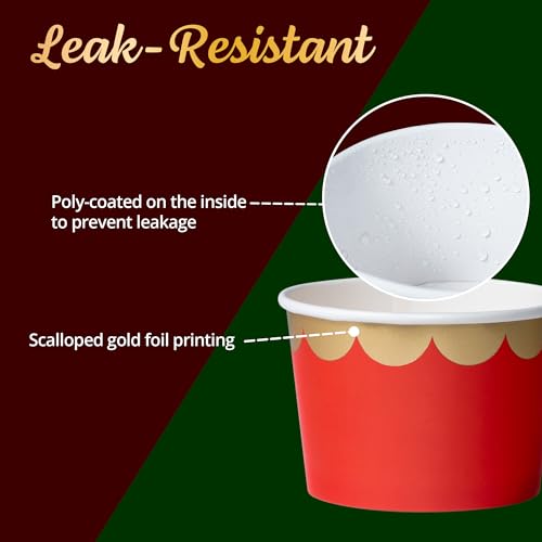 Image of Confettiville Paper Ice Cream Cups, 50-Count 9-Oz Disposable Dessert Bowls for Hot or Cold Food, 9-Ounce Christmas Party Supplies Treat Cups, Red and Gold, Floral Gold Foil