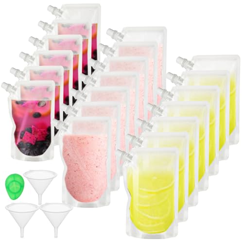 ASelected 20Pcs Drink Pouches for Festivals Leak Proof Alcohol Juice Liquid Pouches Bags with Funnel Plastic Drinks Flasks for Parties Picnic Travel Sports Halloween Christmas