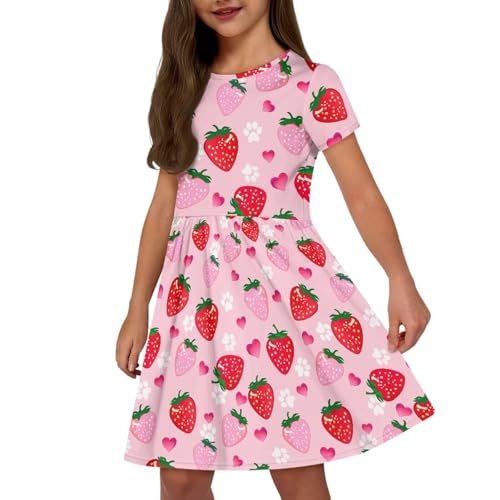 Image of Girls Dress with Pockets Basic Short Sleeve High Waist Swing Skater Dress School Party Dress for Kids