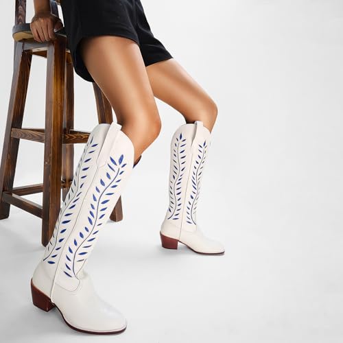 Yishaweiqi Embroidered Cowboy Boots for Women Almond Round Toe Chunky Heel Cowgirl Boots Pull On Knee High Western Boots with Contrast Foliage Inlay3