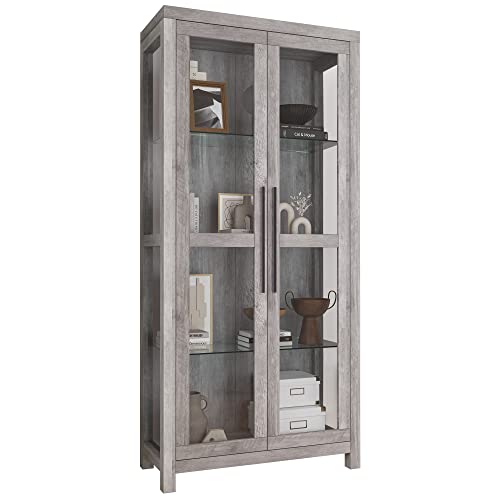 BELLEZE Glass Display Cabinet, Tall Curio Cabinet with Tempered Glass Doors for Living Room, Trophy Display Case - Avalon (Gray Wash) 68"gray Wash 1