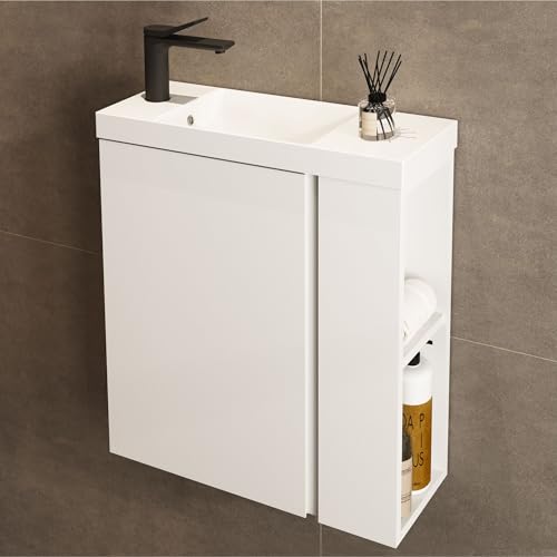 Jindoli Mueble Baño con Lavabo 55 CM - Conjunto De Mueble De Baño con 2 Estantes Laterales Exteriores y Ganchos, Mueble MONTADO y Lavabo Encastrado para el Cuarto - Blanco Mate ((Incluye Grifo Negro)