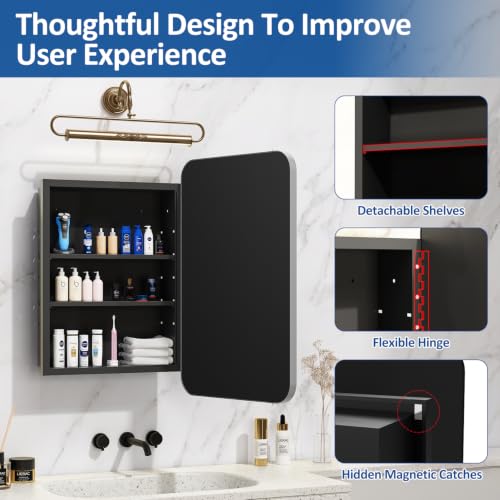 Image of ACEMIRO 16x24 Inch Medicine Cabinet with Mirror Brushed Silver Metal Framed Recessed Bathroom Mirror Medicine Cabinet Wall Mounted