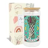 AFRITEE Funny Skull Glass Cups - Not Enough Sage for This Shit Gothic Skeleton 16 oz Glass Cups with Lids and Straws, Iced Coffee Tumbler Witchcraft Gifts for Female Tarot Lovers