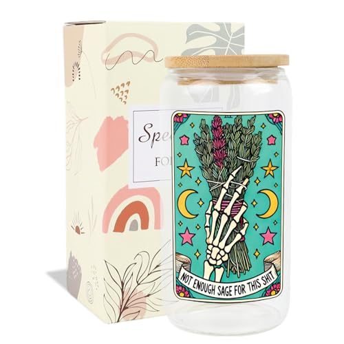 Image of AFRITEE Funny Skull Glass Cups - Not Enough Sage for This Shit Gothic Skeleton 16 oz Glass Cups with Lids and Straws, Iced Coffee Tumbler Witchcraft Gifts for Female Tarot Lovers