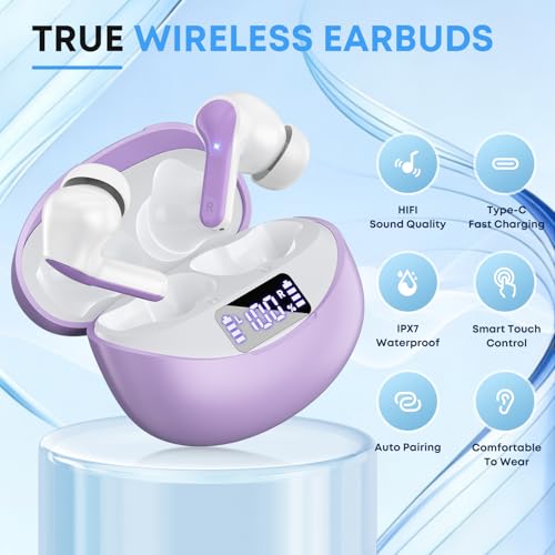 Image of Wireless Earbuds, Bluetooth 5.3 Headphones HiFi Stereo 50H Playback LED Digital Display Ear Buds with ENC Noise Canceling Headset, IPX7 Waterproof Earphones for Gym /Running /Work(Light Purple)