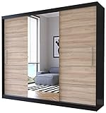 Fabryka Mebli Idźczak Schiebetürenschrank, eleganter Kleiderschrank Schrank Garderobe Astra mit Spiegel, Schlafzimmer- Wohnzimmerschrank Schiebetüren Modern Design (Graphit/Sonoma)