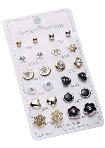 Image of 12 Pairs Trendy Stud Earrings Set with Crystal and Pearl, Heart, Flower, Star and Geometric Styles