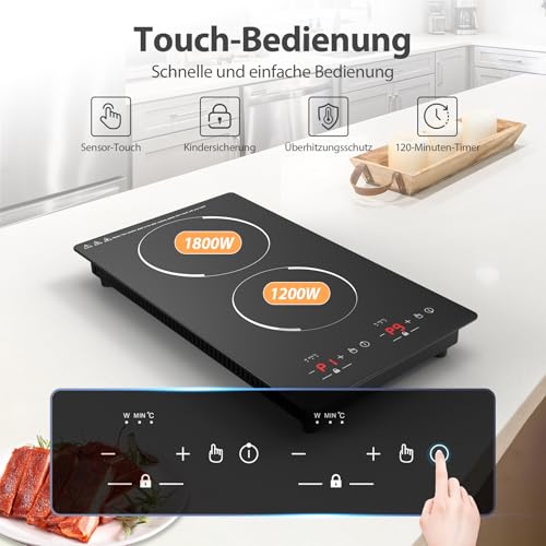 VBGK Induktionskochfeld,3000W 220V Herdplatte Induktionsherd Induktionskochplatte mit 2 kochfelder Kindersicherung, Touchsteuerung, Restwärmeanzeige, Stecker,29 * 51cm