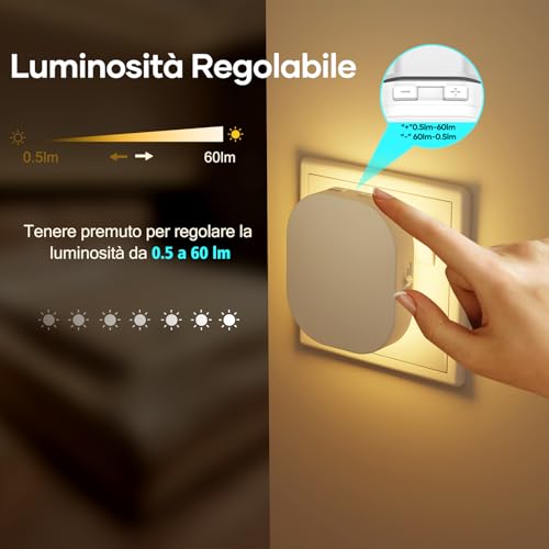 Suright 2 Pezz Luce Notturna Bambini, Luce Notturna da Presa con Sensore Movimento e Crepuscolare, Luminosità Regolabili, AUTO/ON/OFF, 2700K Lampada Notturna per Cameretta, Corridoio, Bagno e Cucina