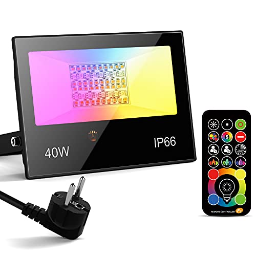 Foco LED Exterior 40W RGBW, 400W equivalente Control remoto focos cambio de color, Proyector RGB interior 4000LM blanco cálido 2700k, 120 colores Iluminación de caminos enchufe[Clase energética A++]