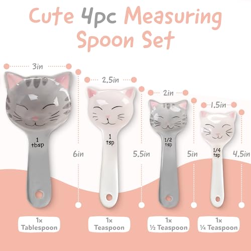 Cat Shaped Ceramic Measuring Spoons - Gift for Any Cat Lover - Cat Ceramic Measuring Spoons Baking Tool - Creative Functional Kitchen Decor - Comes in White and Gray - Set of 4