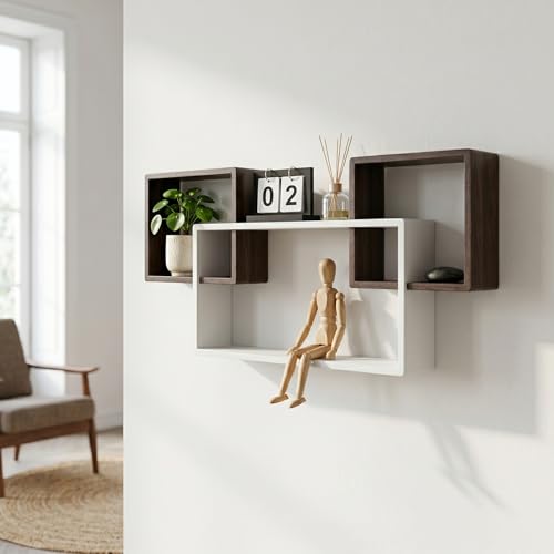 Image of Modern Geometric Floating Wall Shelf - Wall Mounted Decorative Display Shelves for Living Room, Bedroom & Office | Wooden Wall Shelf for Home Decor, Books, Plants & Showpieces (Brown & White)