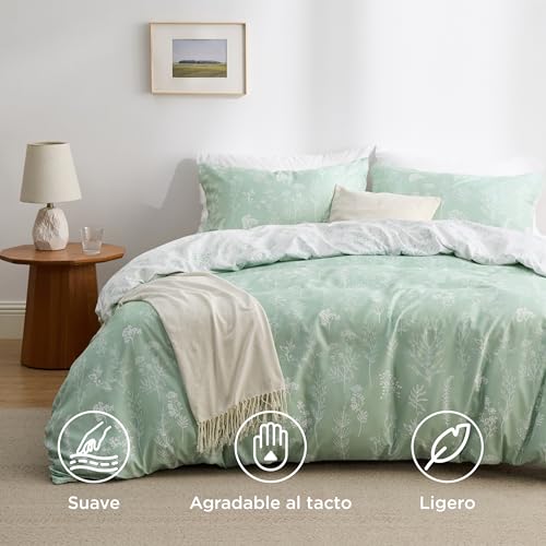 Miniatura 2 de Bedsure Funda Nordica Cama 150 - Juego de Cama Reversible de Poliéster Oeko-Tex, Funda de Edredón 220x230 cm y 2 Almohada 50x75 cm, Nórdica con Cremallera, Flores Verdes, Verde