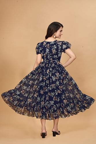 Image of Women's Georgette Dresses Floral Printed One Piece Stylish Long Maxi Western Frock Midi Dress for Women (Puffed Sleeves) for Gals