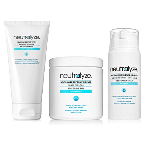 Neutralyze Exfoliating Acne Treatment Pads, Renewal Complex Moisturizer & Acne Face Wash - 2% Salicylic Acid & Mandelic Acid - Dual Textured Acne Wipes, Acne Moisturizer, Acne Cleanser Face Wash