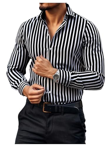 GORGLITTER Men's Striped Button Down Shirt Long Sleeve Collared Office Work Tops Streetwear