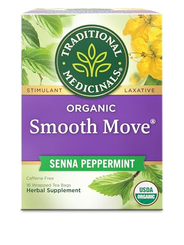 Traditional Medicinals Organic, Smooth Move Tea, Peppermint & Senna - Helps Relieve Constipation Overnight - Kosher, Non-GMO, Caffeine-Free, Compostable - 16 Tea Bags