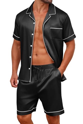 Vssjavun Mens Satin Silk Pajamas Sets Short Sleeve Button-Down Sleepwear Two Piece Loungewear with Pockets