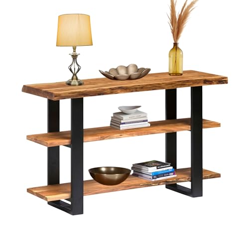 Alpine 3-Tier Live Edge Console Table with Metal Frame – 48-Inch Solid Acacia Wood Entryway Table – Rustic Modern Industrial Sofa Table or Media Console by Alaterre Furniture (Natural Finish)
