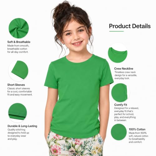 Image of Kids Round Neck Girls Tshirt | Short Sleeves | Natural Organic 100% Cotton Soft Comfortable Fabric | Plain Color Original Branded Half Sleeve | School t-Shirt for Girl Kid | Sleepwear Everyday Casual