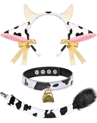 MUKOSEL Cow Costume Set - Ears Headband, Print Bell Collar Choker and Cow Tail, Costume Accessories for Adult Women Animal Halloween Cosplay Dress Up
