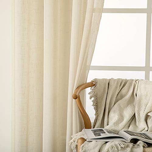 MIULEE 2 Panels Voile Curtains Sheer Cross Linen-like Solid Color Contemporary Decorative Ring Top Eyelet Panels for Bedroom Livingroom Nursery Room 55" Wx96 L Cream - Image 4