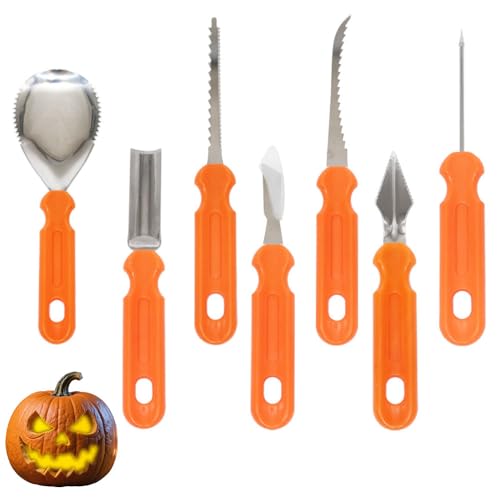 XVYLFZNP Halloween Pumpkin Carving Tools Kit Stainless Steel Pumpkin Cutter Knife Saw Scoop Tools Set Professional Heavy Duty Carving Set For Carving Halloween Jack-O-Lanterns Decoration 7pcs